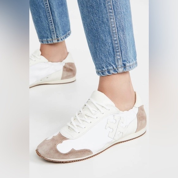 Tory Burch Shoes - Tory Burch Cream Leather & Suede Logo Sneakers | Size US 6 | Neutral Trainer